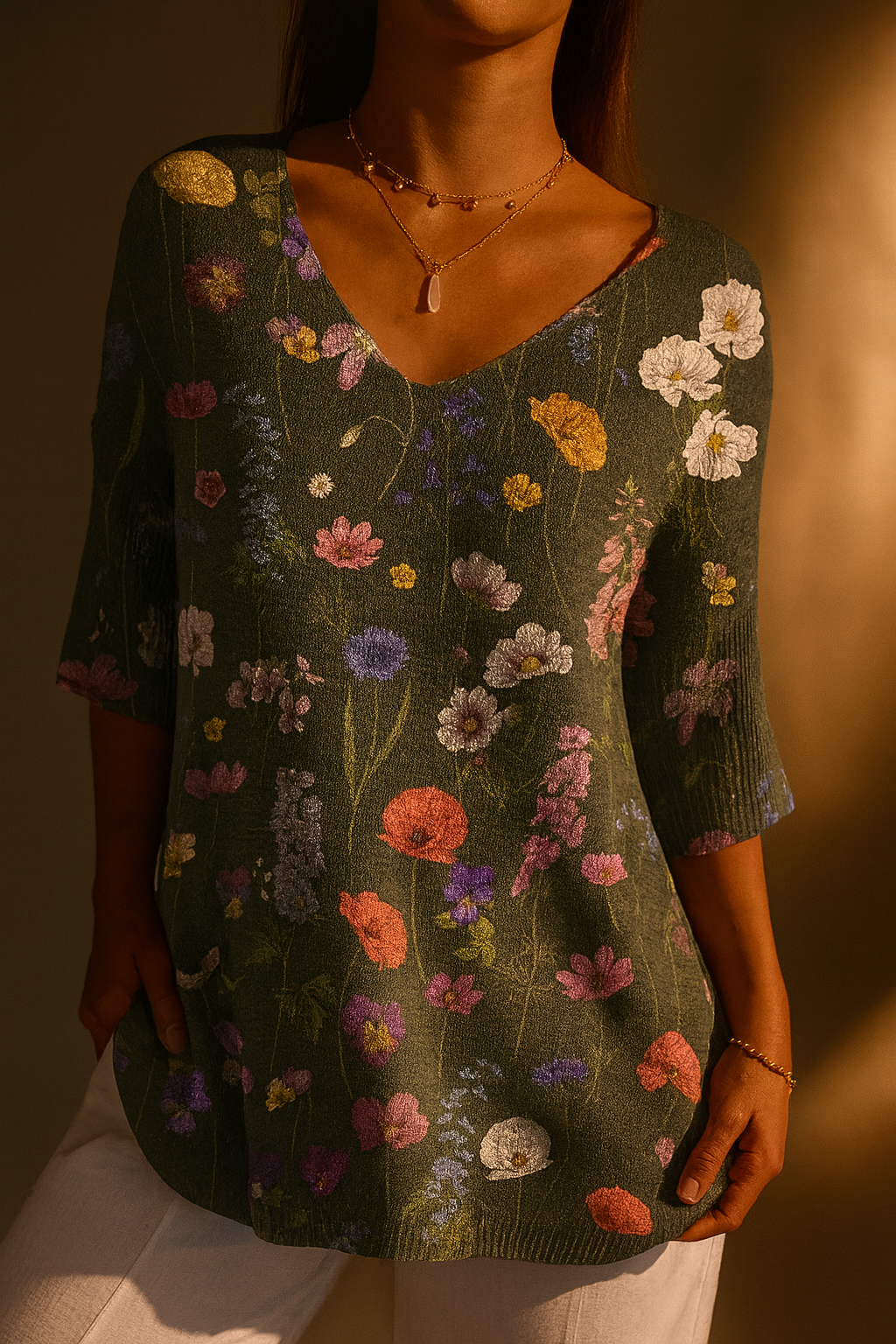 Olivia | Casual Pullover Knit with Vibrant Spring Botanical Garden Pattern