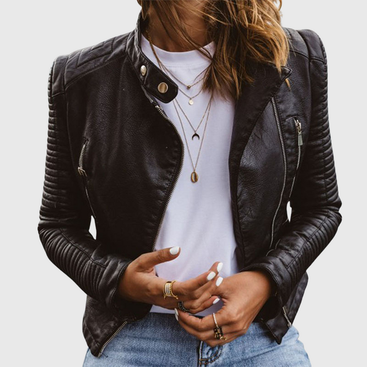 Noemie | Women's Moto Jacket with Ribbed Sleeve Panels