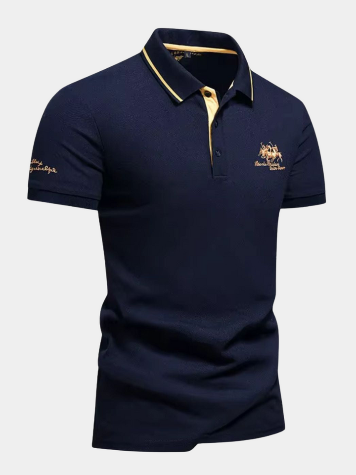 Men's Short Sleeve Polo Shirt with Contrast Tipped Collar and Embroidered Chest Motif