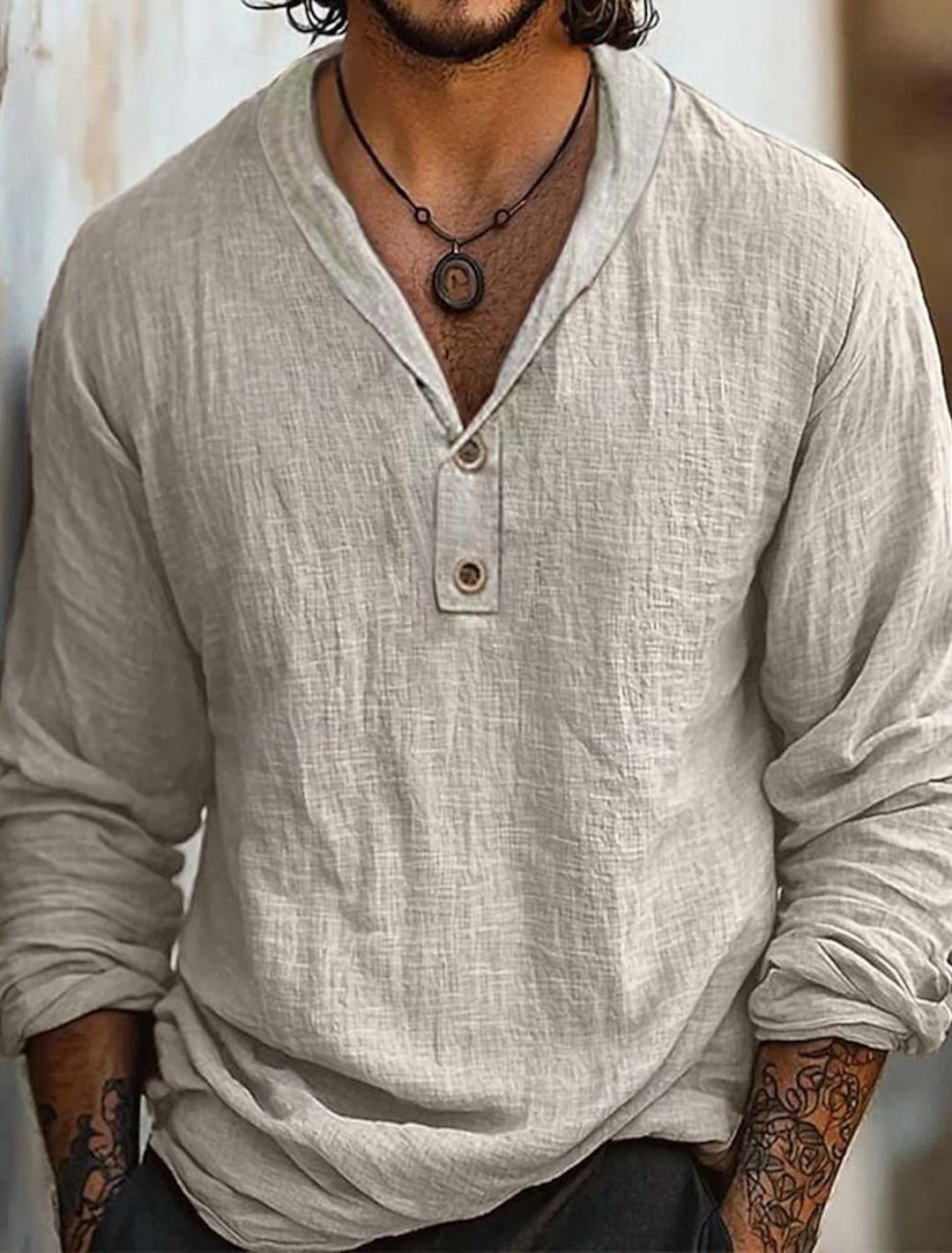 Kurt | Cotton-Linen Collarless Henley Long Sleeve Shirt