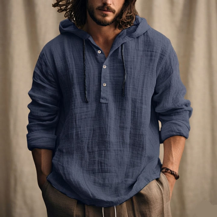 Men's Linen Hooded Shirt with Button Placket and Drawcords