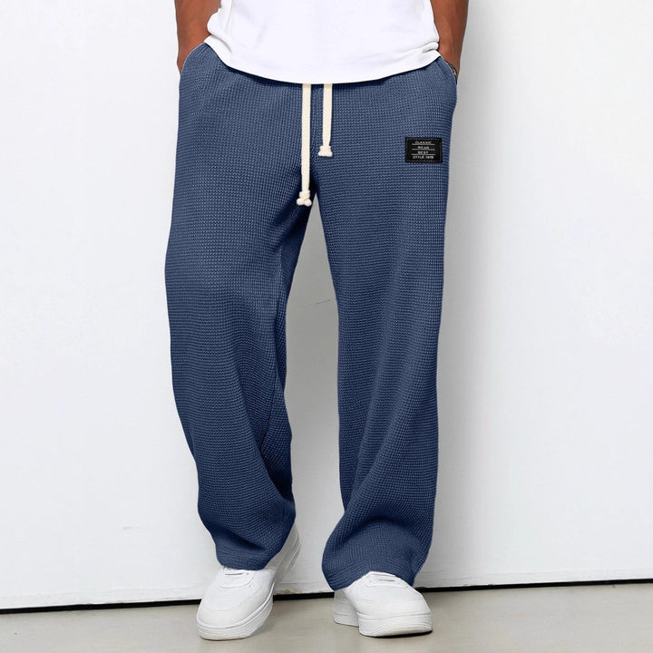 Men's Drawstring Waffle-Textured Full-Length Pants with Side Pockets and Wide Legs