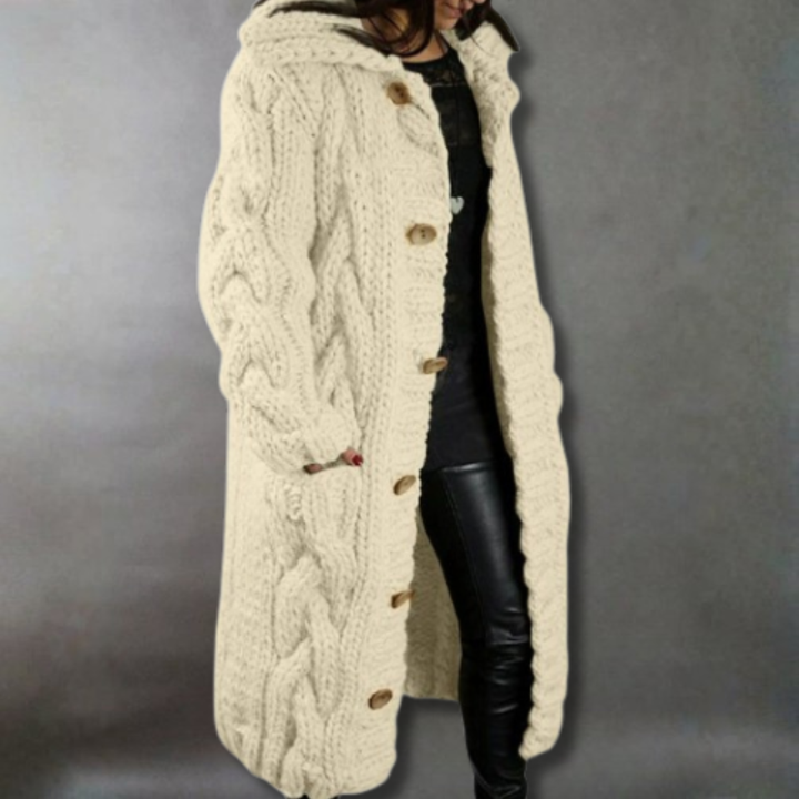 Solange | Women's Cable-Textured Longline Hooded Coat with Toggle Buttons