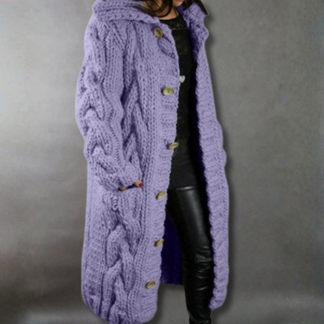 Solange | Women's Cable-Textured Longline Hooded Coat with Toggle Buttons