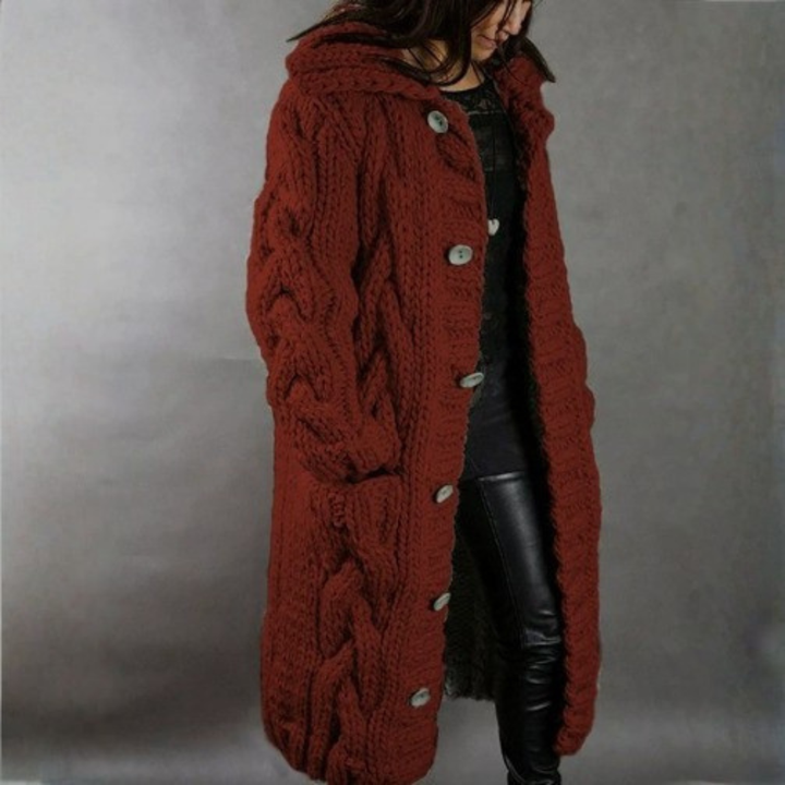 Solange | Women's Cable-Textured Longline Hooded Coat with Toggle Buttons