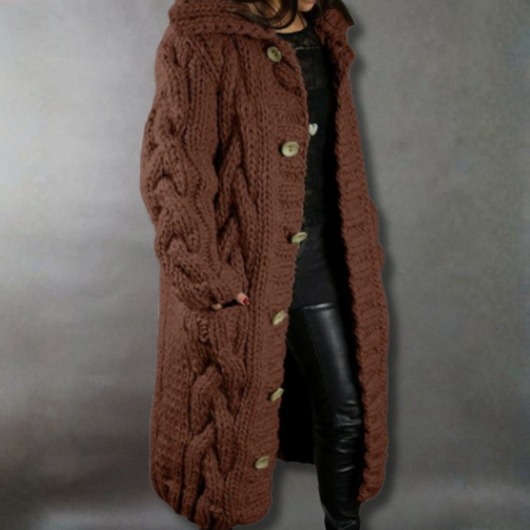 Solange | Women's Cable-Textured Longline Hooded Coat with Toggle Buttons