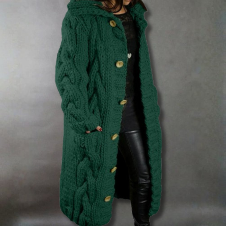 Solange | Women's Cable-Textured Longline Hooded Coat with Toggle Buttons