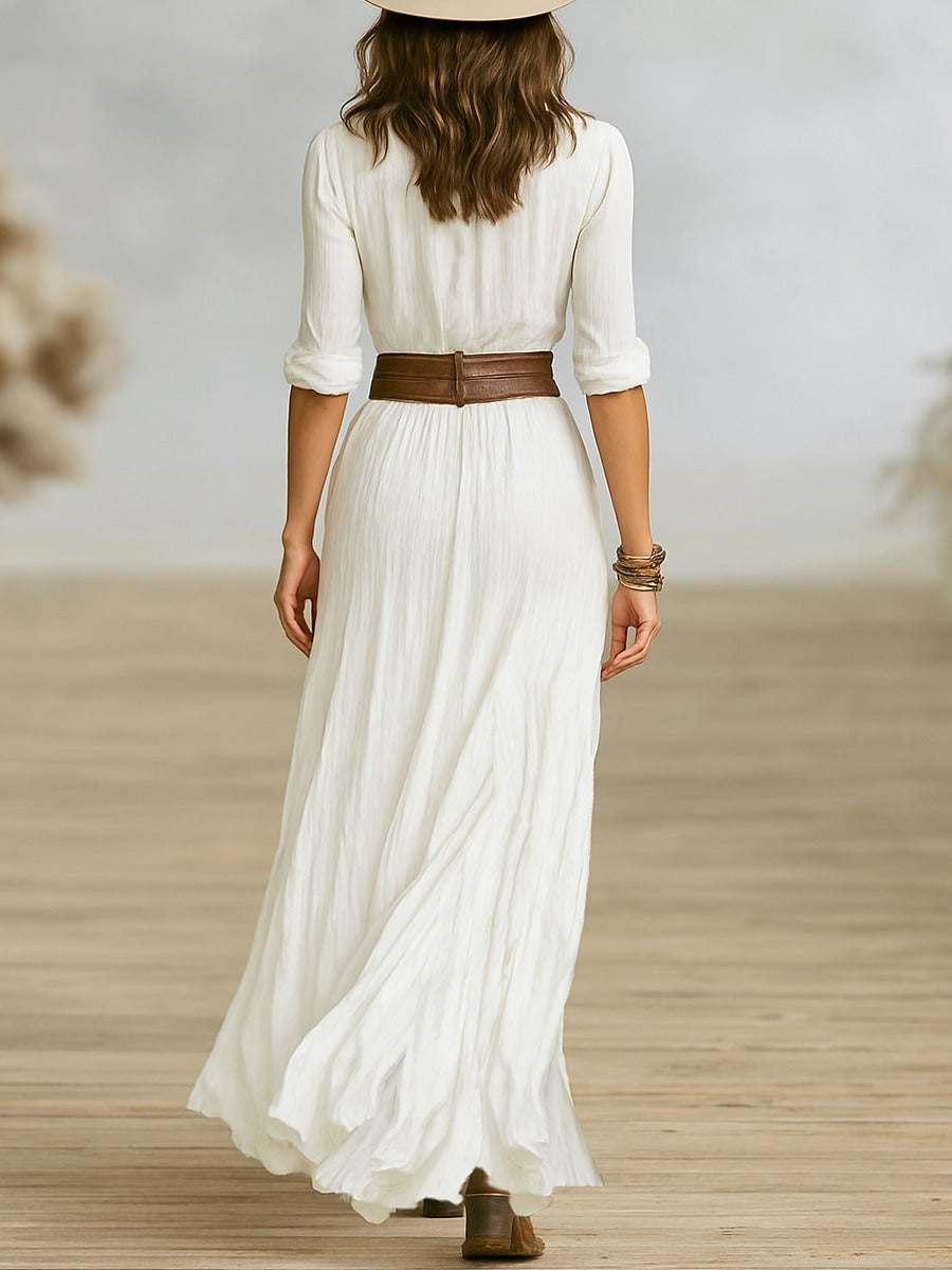 Long Belted Dress | Pleated Lapels in Cotton and Linen