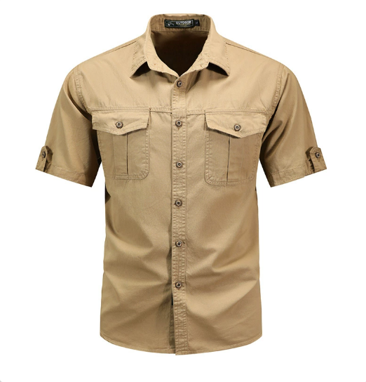 Men's Short Sleeve Button-Front Shirt with Dual Chest Pockets and Collar