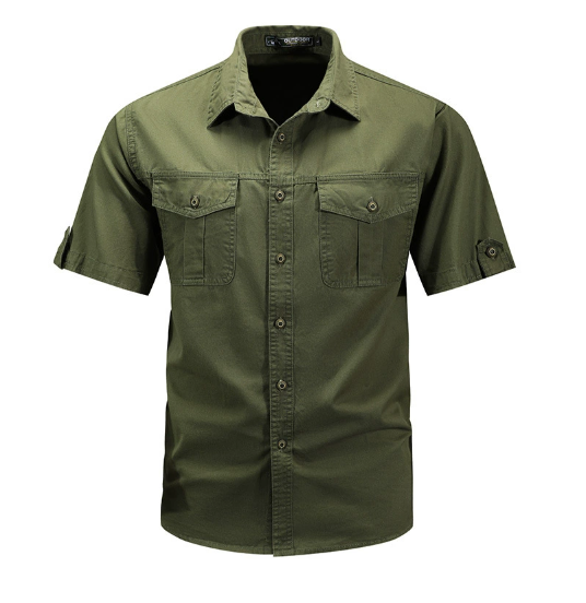 Men's Short Sleeve Button-Front Shirt with Dual Chest Pockets and Collar