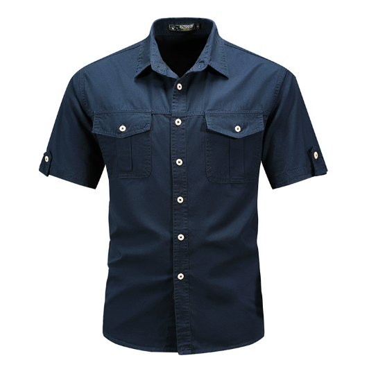 Men's Short Sleeve Button-Front Shirt with Dual Chest Pockets and Collar