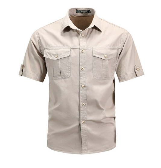 Men's Short Sleeve Button-Front Shirt with Dual Chest Pockets and Collar