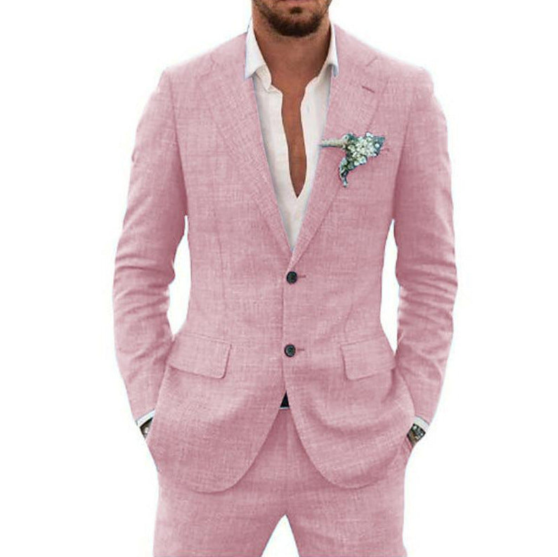 Men's Linen-Blend Suit Set with Notch Lapels and Two-Button Blazer