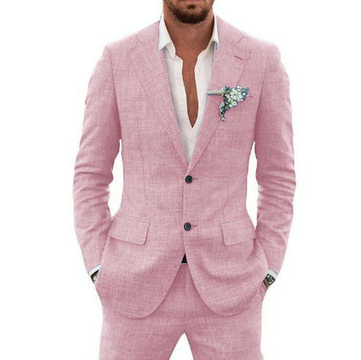 Men's Linen-Blend Suit Set with Notch Lapels and Two-Button Blazer