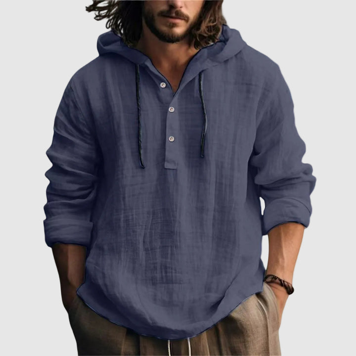 Men's Linen Hooded Shirt with Button Placket and Drawcords