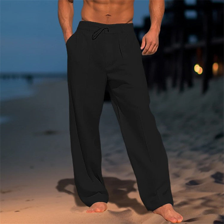 Men's Drawstring Waist Full-Length Pants with Front Pleats and Side Pockets