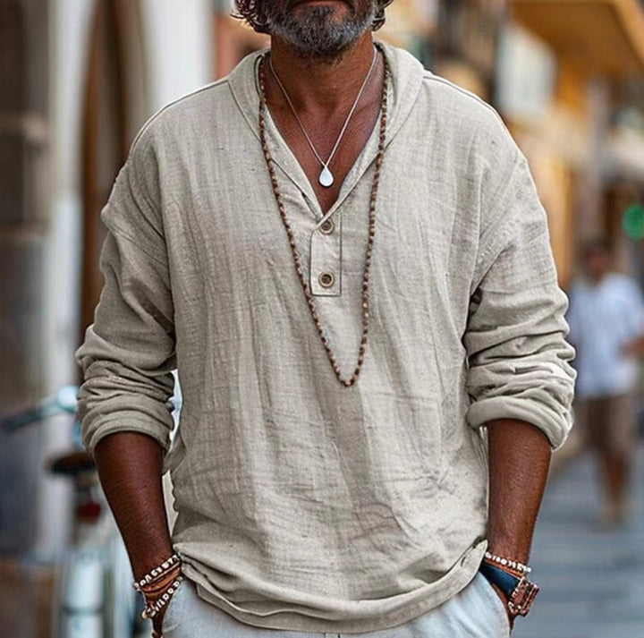 Kurt | Cotton-Linen Collarless Henley Long Sleeve Shirt