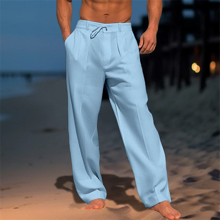 Men's Drawstring Waist Full-Length Pants with Front Pleats and Side Pockets