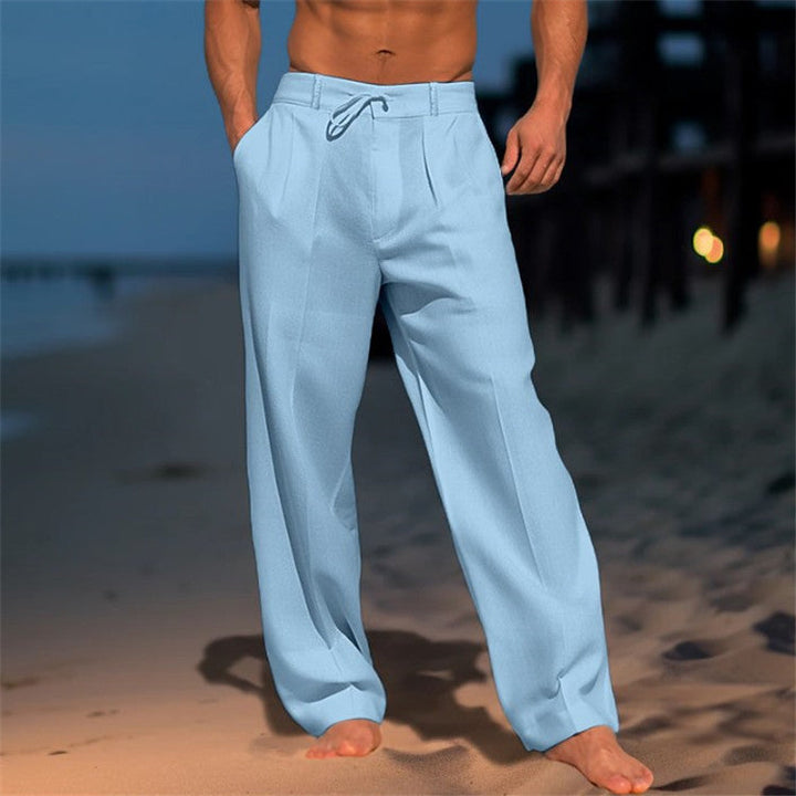 Men's Drawstring Waist Full-Length Pants with Front Pleats and Side Pockets