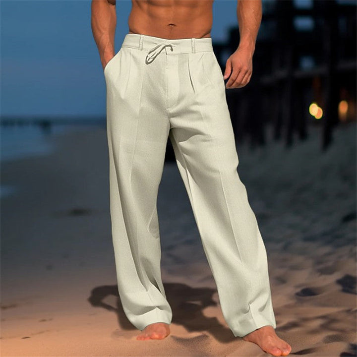 Men's Drawstring Waist Full-Length Pants with Front Pleats and Side Pockets