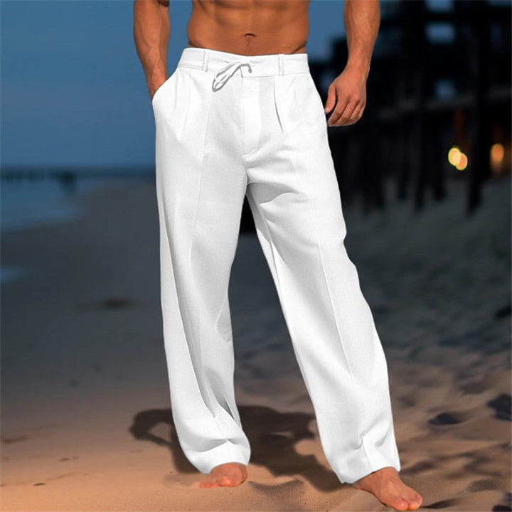 Men's Drawstring Waist Full-Length Pants with Front Pleats and Side Pockets