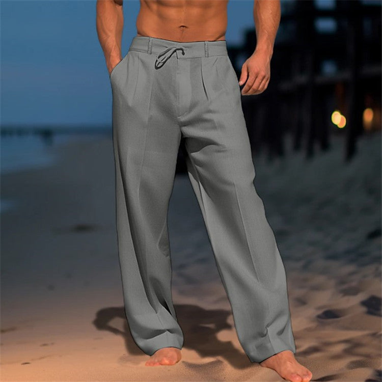 Men's Drawstring Waist Full-Length Pants with Front Pleats and Side Pockets