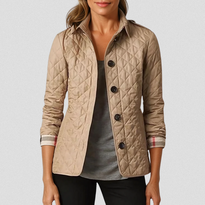 Dominique | Women's Quilted Button-Front Jacket with Check Lining