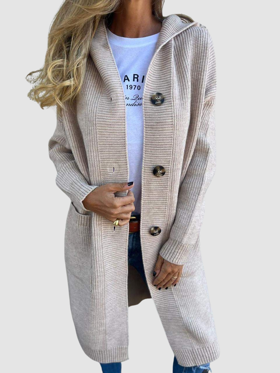 Bleuenn | Women's Longline Hooded Cardigan with Patch Pockets
