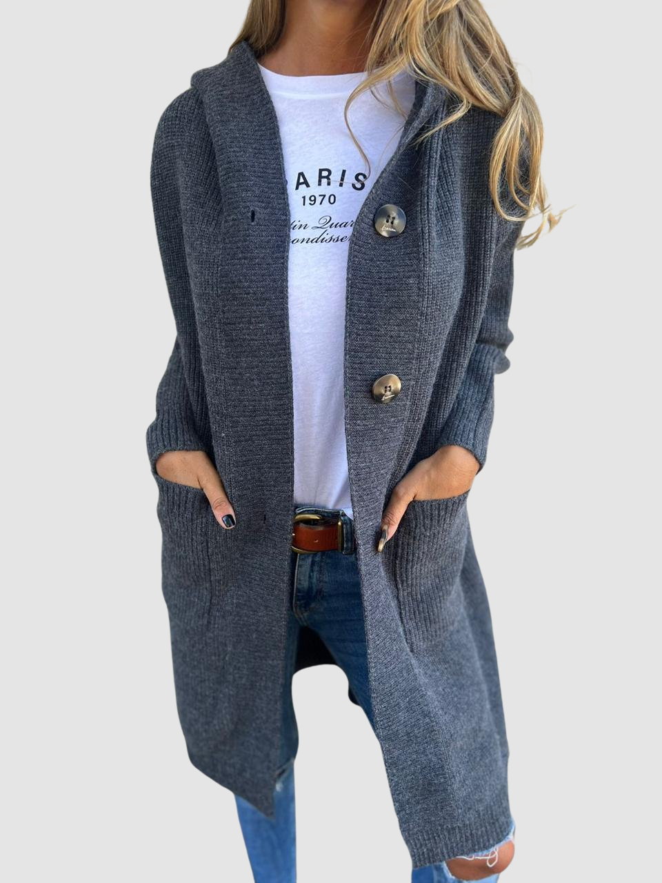 Bleuenn | Women's Longline Hooded Cardigan with Patch Pockets