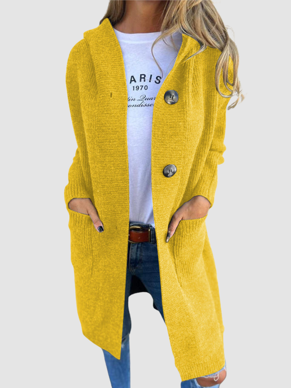 Bleuenn | Women's Longline Hooded Cardigan with Patch Pockets