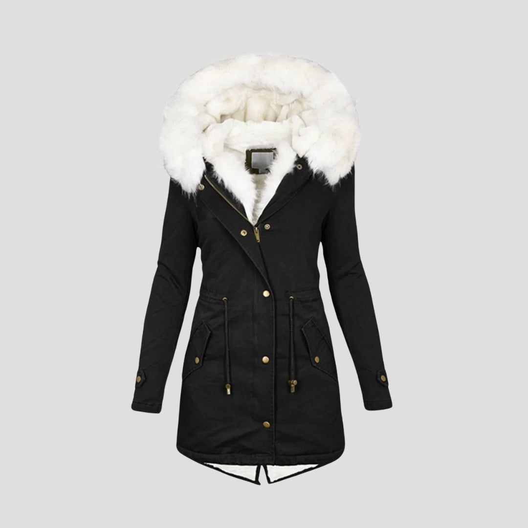Women's Winter Parka with Faux Fur Hood and Belted Design