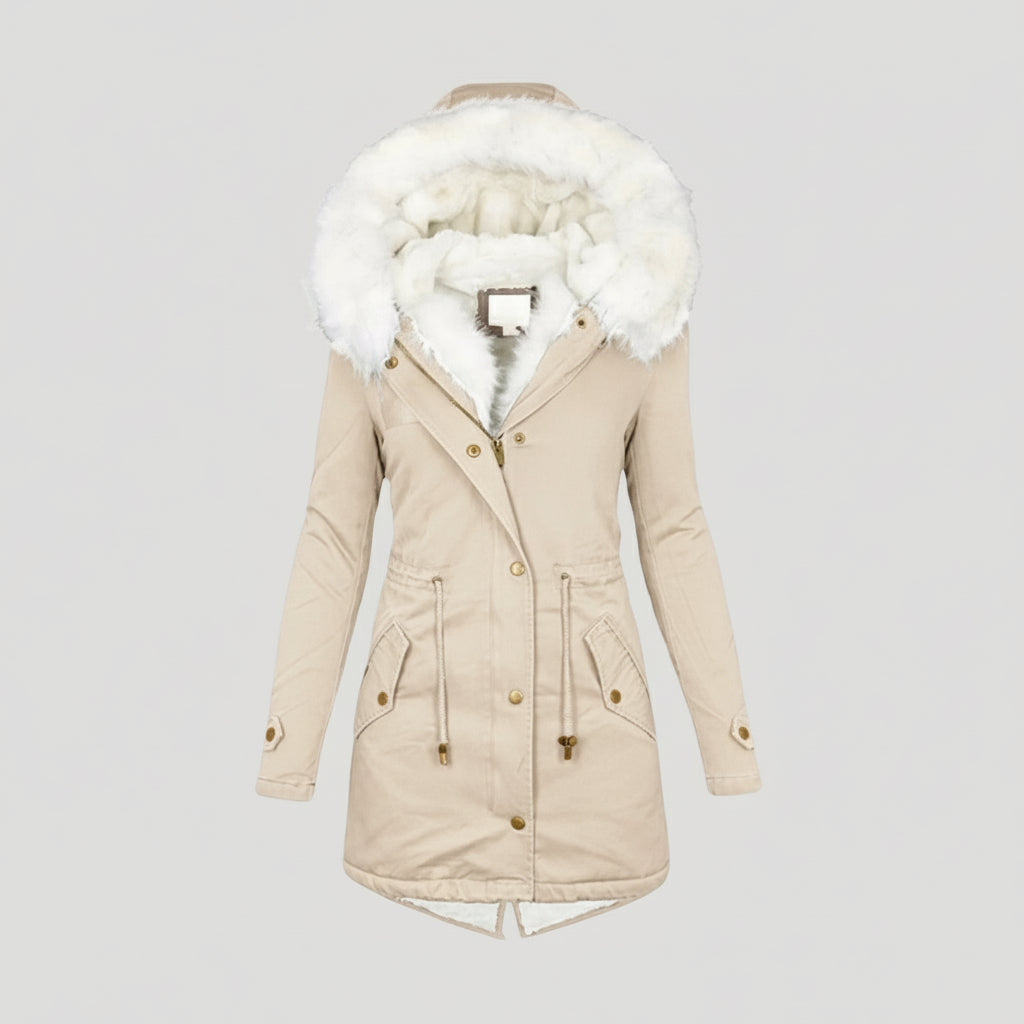 Women's Winter Parka with Faux Fur Hood and Belted Design