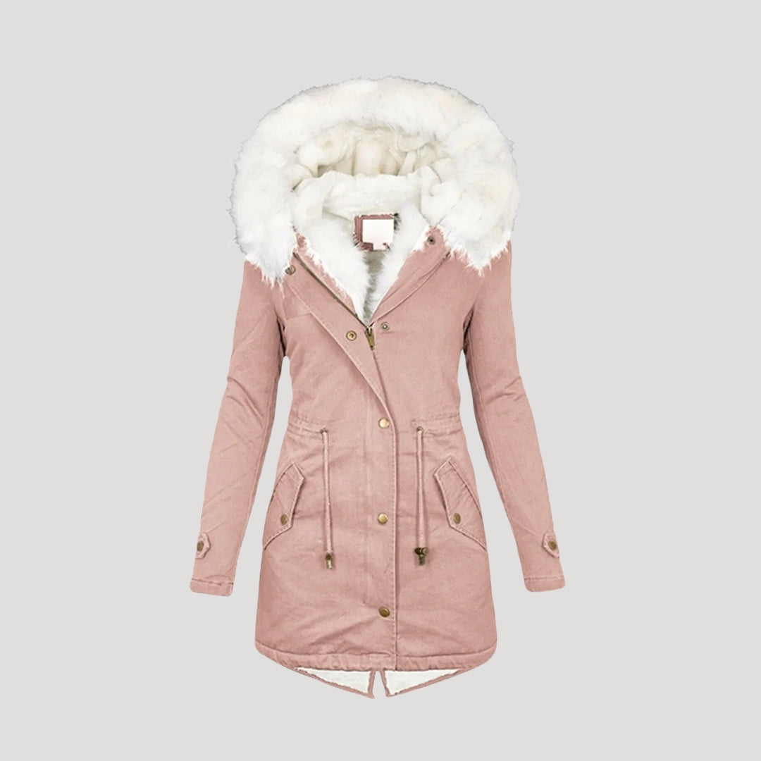 Women's Winter Parka with Faux Fur Hood and Belted Design