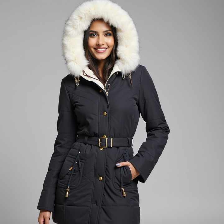 Women's Winter Parka with Faux Fur Hood and Belted Design