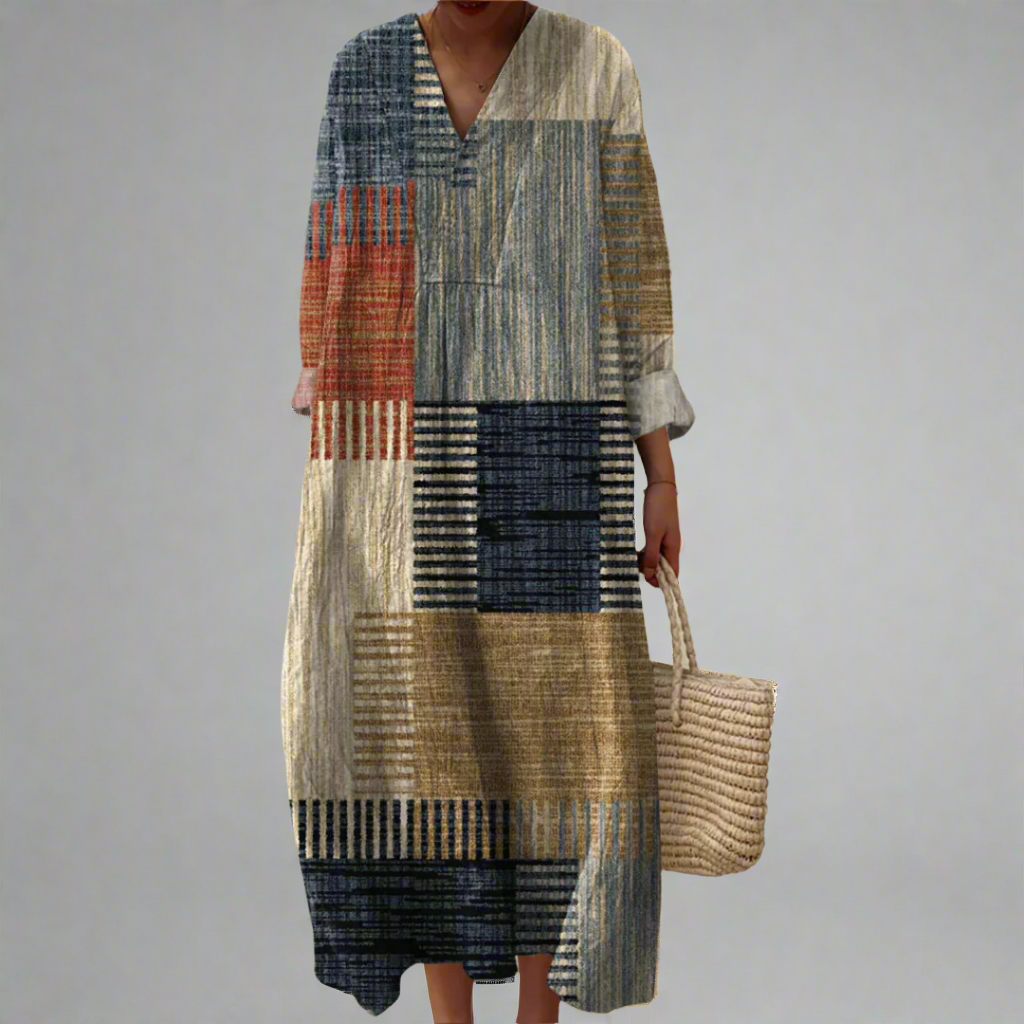 Olivia | Earth-Toned Patchwork Relaxed Maxi Dress