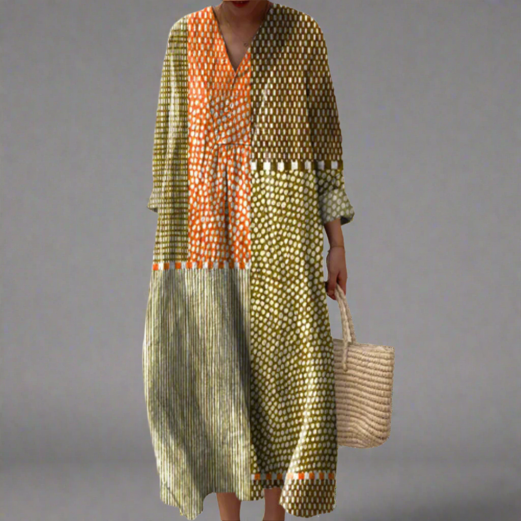 Grace | Earthy Patchwork Dotted Midi Dress