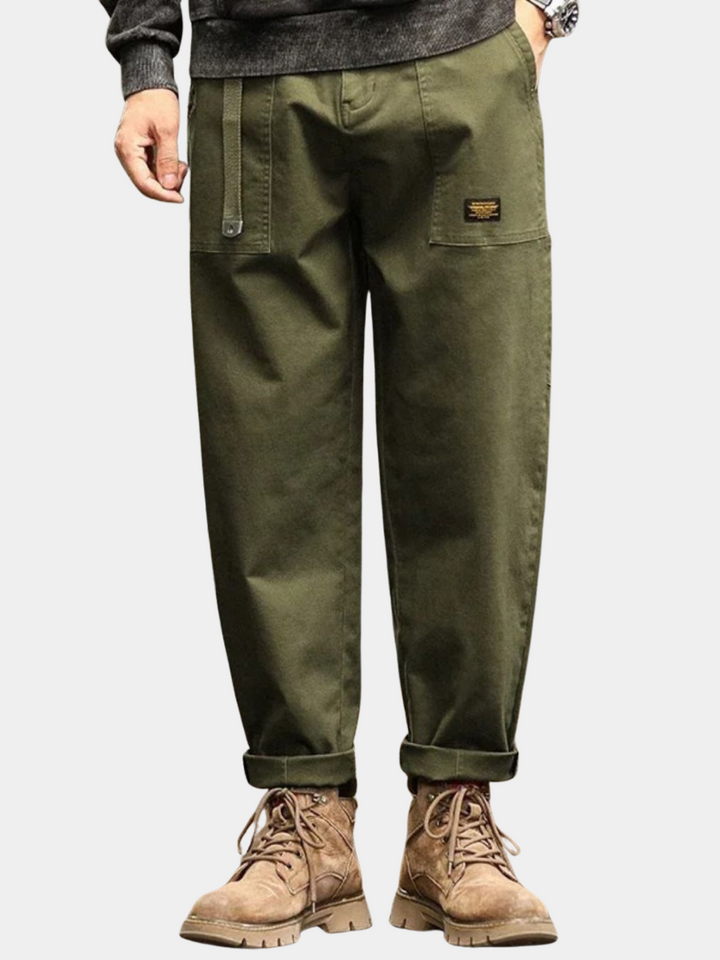 Men's Long Cargo Pants with Front Patch Pockets and Belt Loops