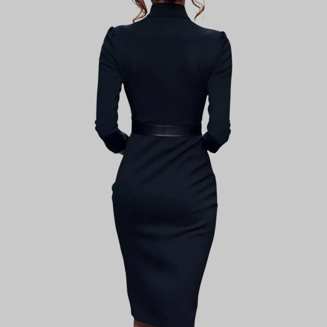 Women's Belted Sheath Midi Dress with Refined Collar