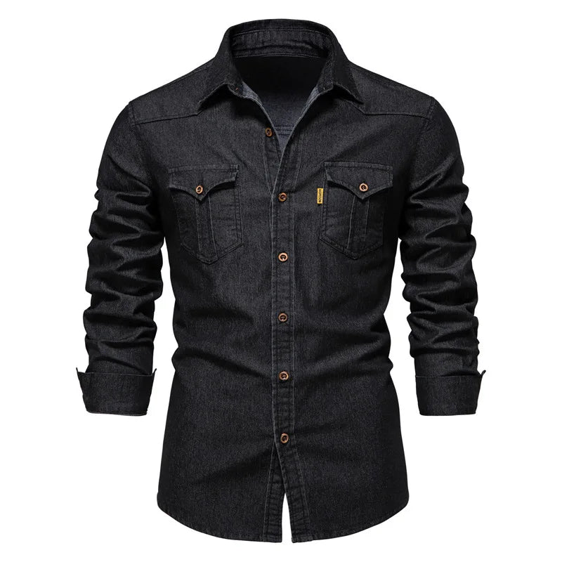 Men's Long Sleeve Contrast Button Shirt with Fold-Down Collar and Dual Flap Pockets