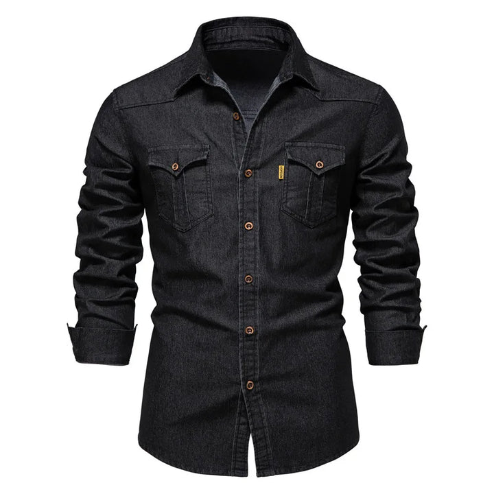 Men's Long Sleeve Contrast Button Shirt with Fold-Down Collar and Dual Flap Pockets