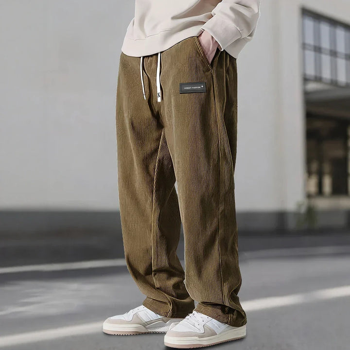 Men's Straight-Leg Ribbed Pants with Drawstring Waist and Label Patch
