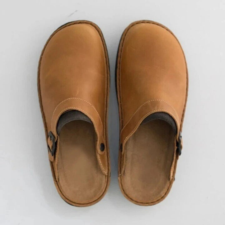 Men's Closed-Toe Buckle Strap Clog with Open Back and Layered Sole