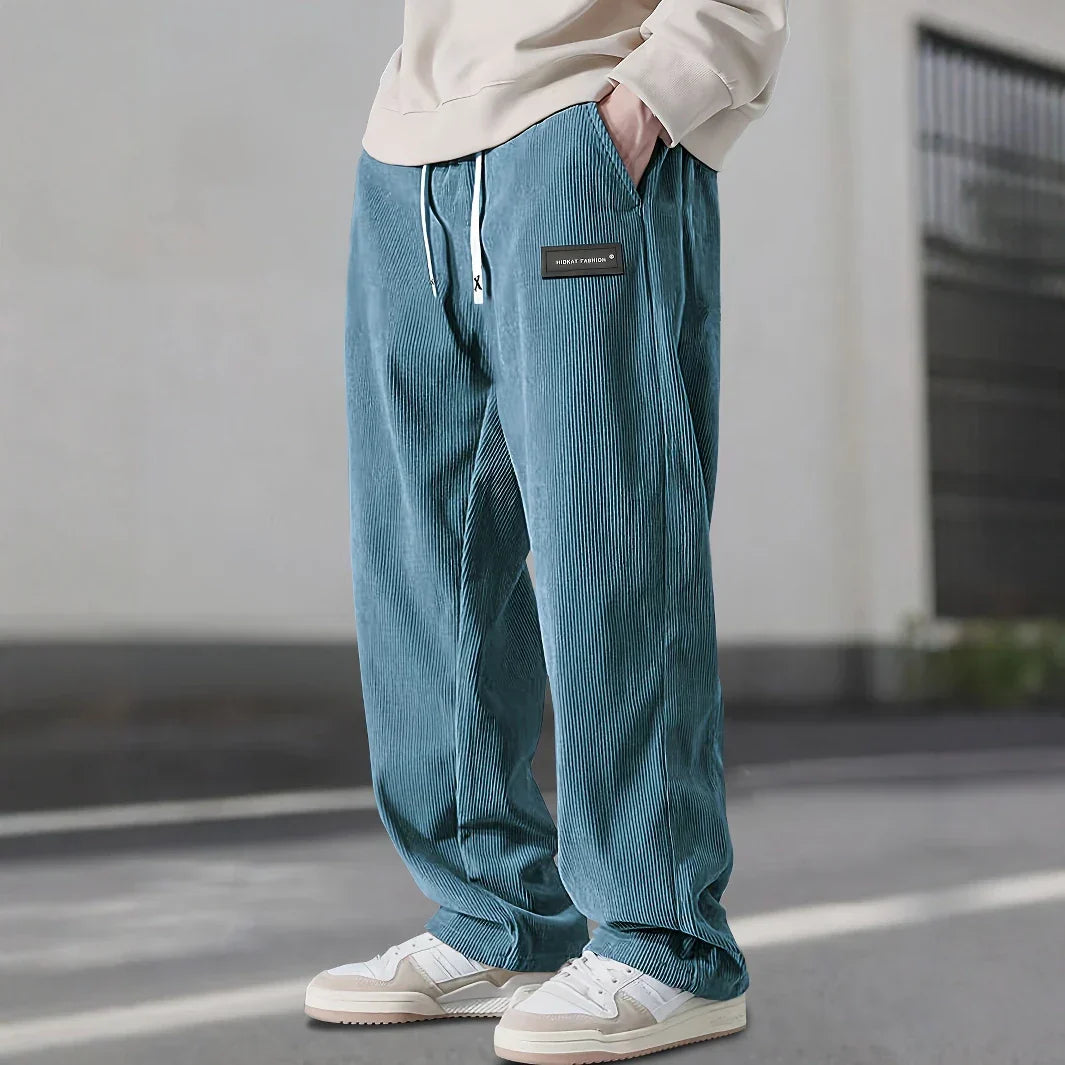 Men's Straight-Leg Ribbed Pants with Drawstring Waist and Label Patch