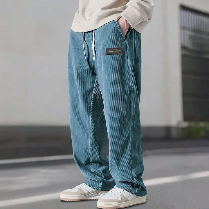 Men's Straight-Leg Ribbed Pants with Drawstring Waist and Label Patch