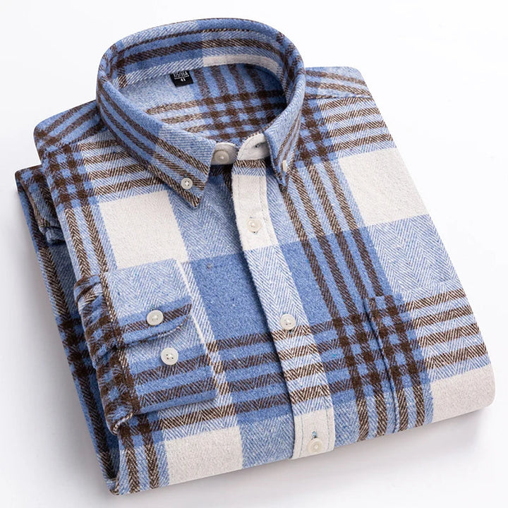 Men's Button-Front Plaid Shirt with Pointed Collar and Chest Pocket