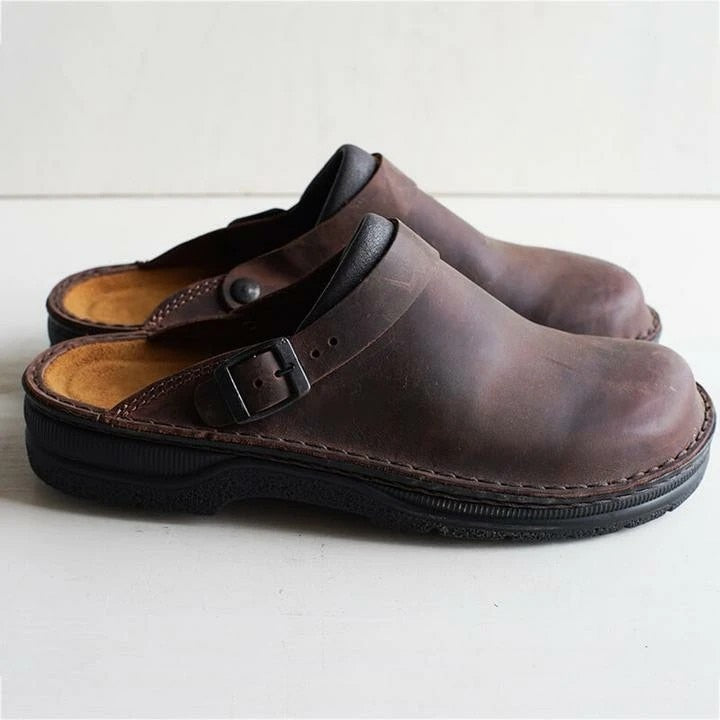 Men's Closed-Toe Buckle Strap Clog with Open Back and Layered Sole