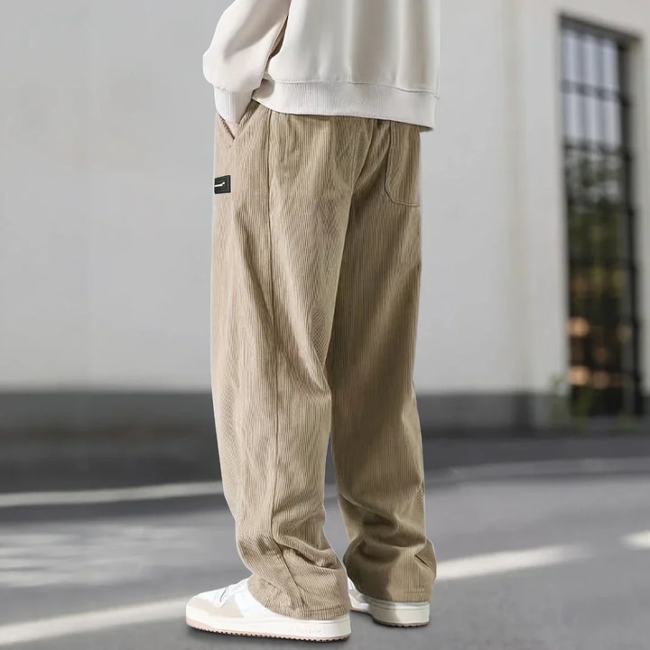 Men's Straight-Leg Ribbed Pants with Drawstring Waist and Label Patch