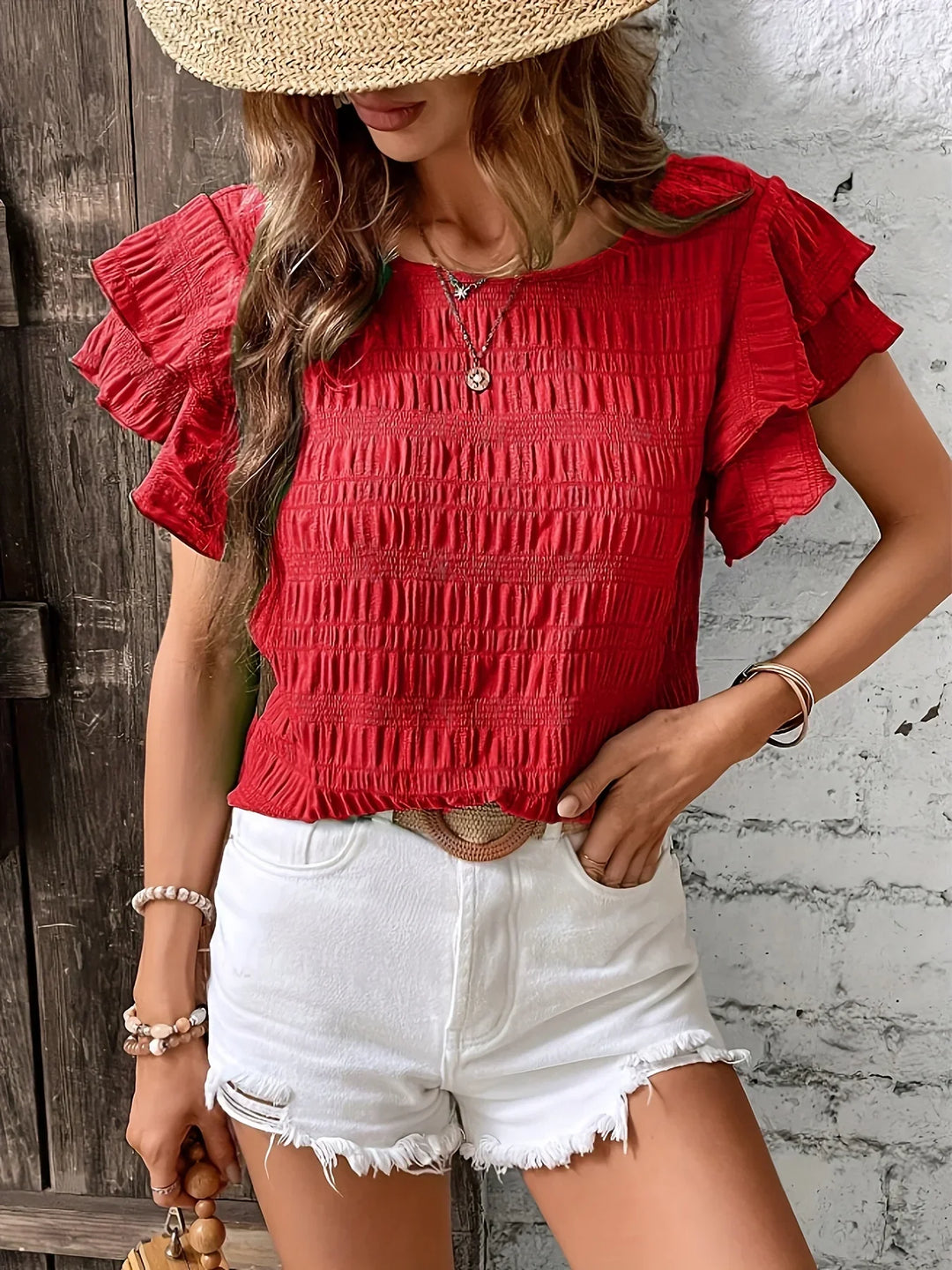 Women's Round Neckline Shirt with Ruffle Sleeves and Smocked Surface