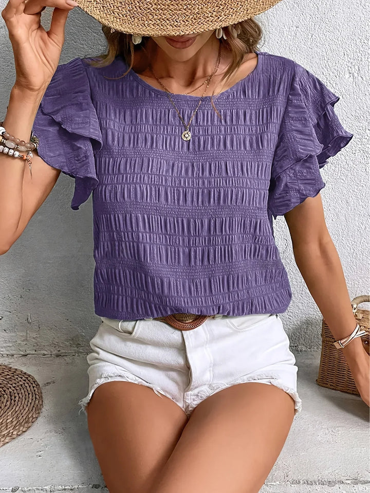 Women's Round Neckline Shirt with Ruffle Sleeves and Smocked Surface