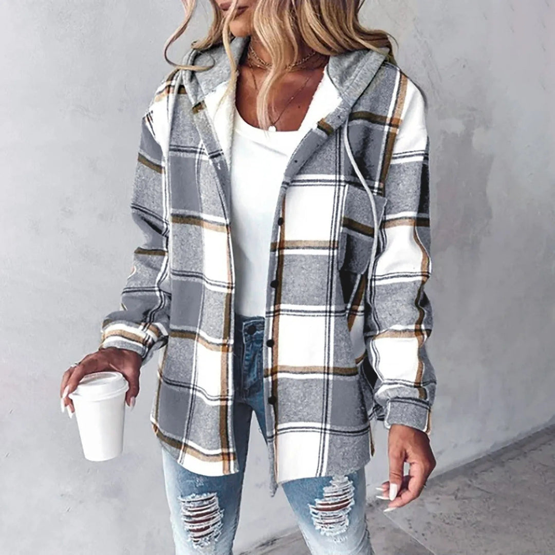 Nathalie | Women's Hooded Check Shacket with Lined Hood